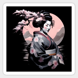 Japanese Geisha with Cherry Blossoms Black Magnet